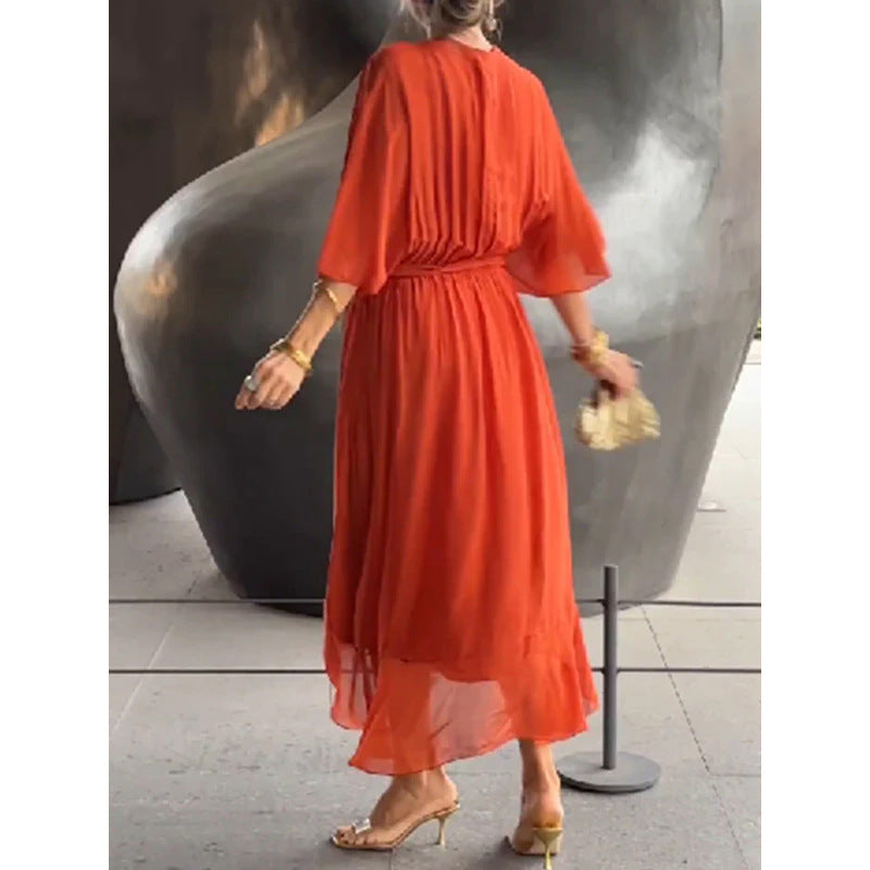 Batwing Sleeve V-Neck Midi Dress – Tied Irregular Hem Fairy Dress
