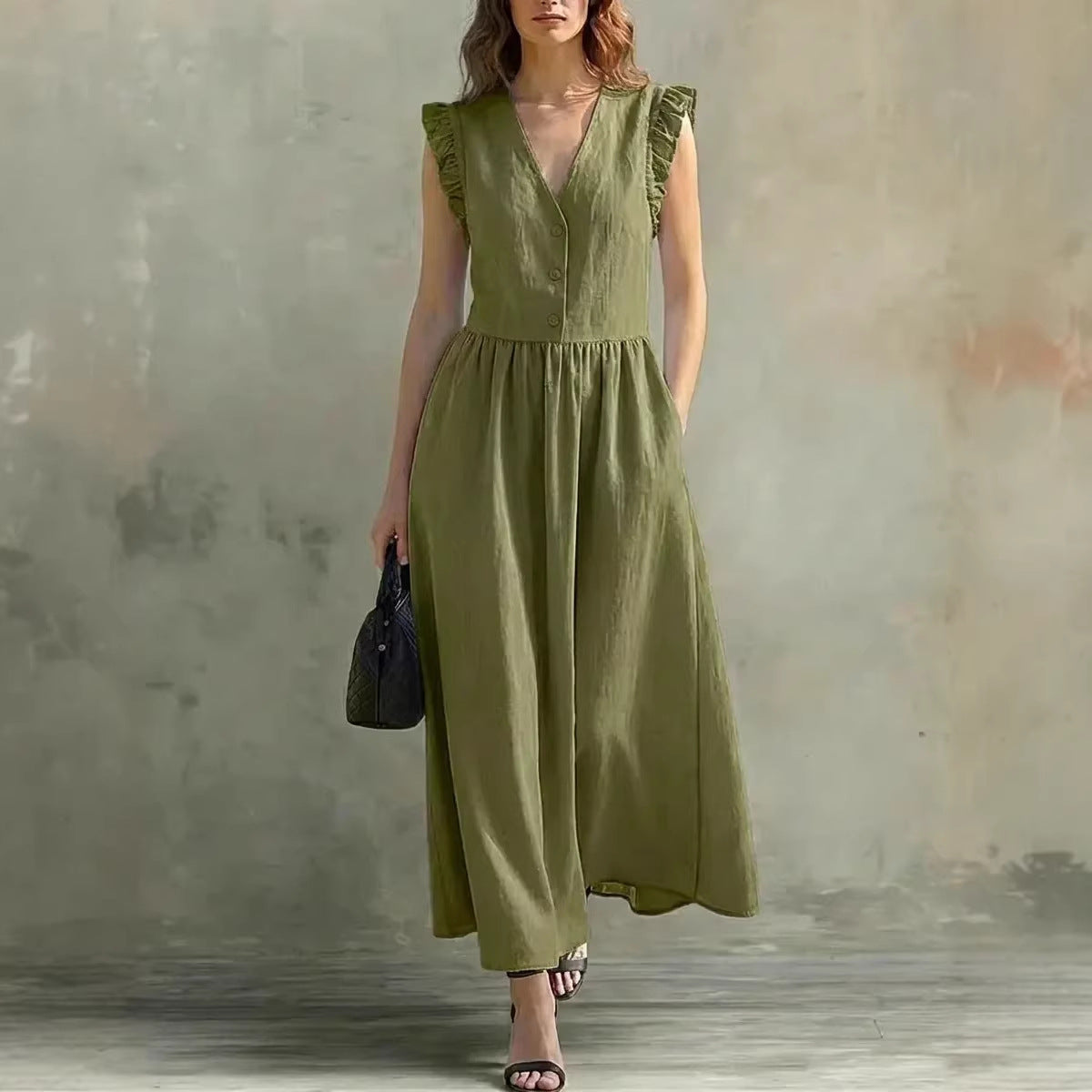 V-Neck Puff-Sleeve Dress with Pockets – Cotton Linen, 7 Colors