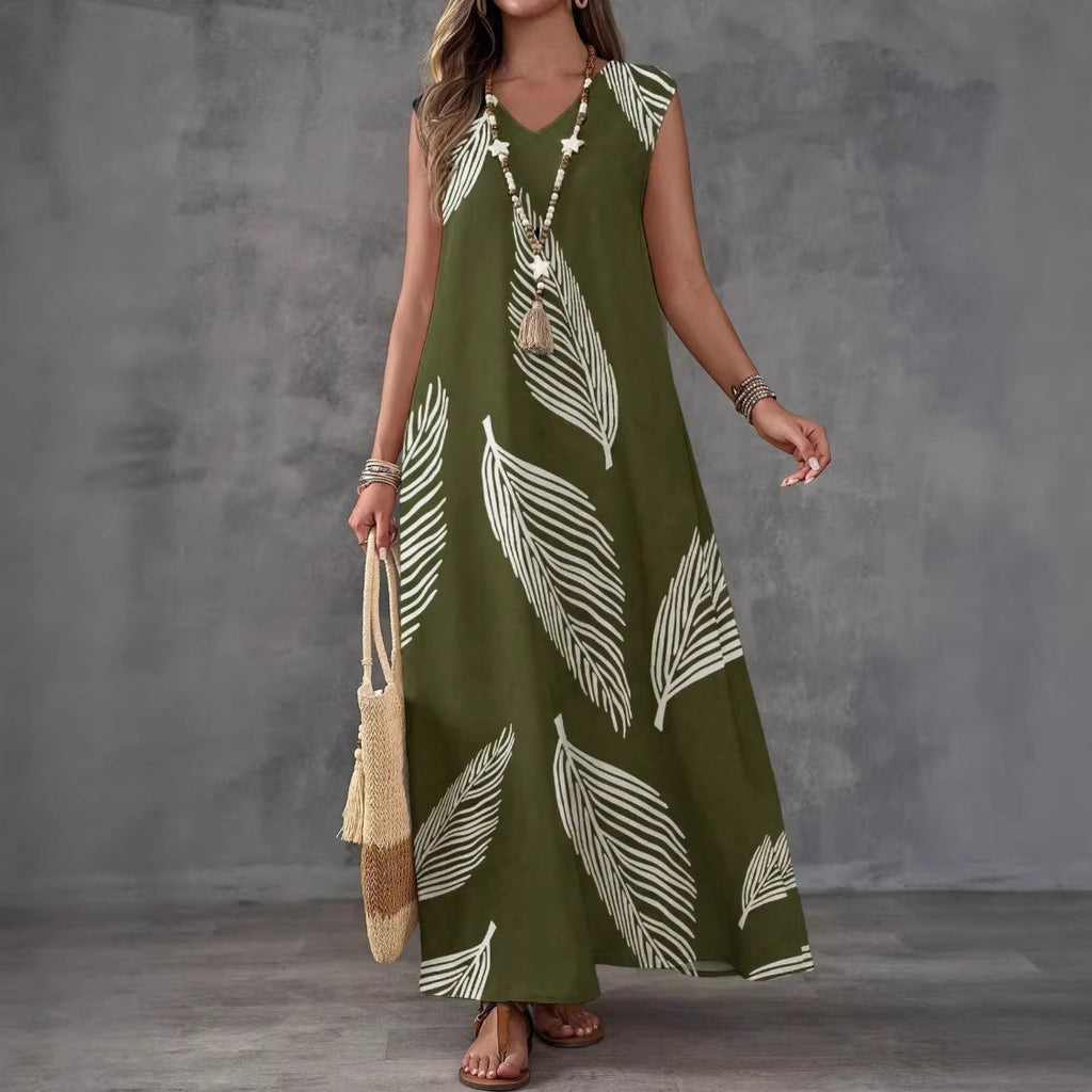 Printed V-Neck Sleeveless High-Waist Maxi Dress | 3 Colors