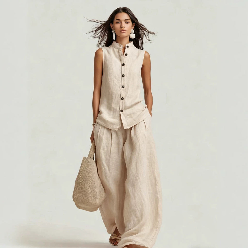 Women's Stand Collar Sleeveless Top & High-Waist Wide-Leg Pants Set