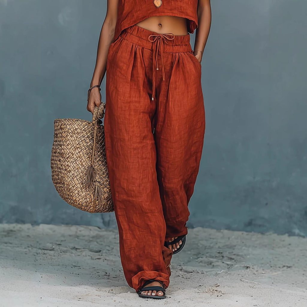 Women's Sleeveless Tank Top & Wide-Leg Pants Set – Linen Blend Summer Two-Piece