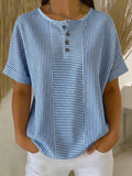 Women's Striped T-Shirt – V-Neck, Button Detail, Loose Fit