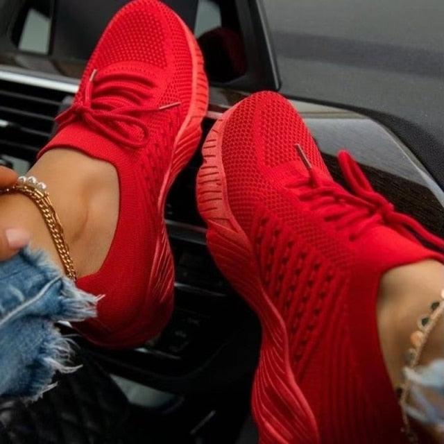 Zapatillas deportivas casuales de mujer nuevas, con cordones, para correr, de plataforma roja, zapatillas vulcanizadas de malla para correr, zapatillas ligeras de malla, zapatillas deportivas de moda para caminar para entrenar