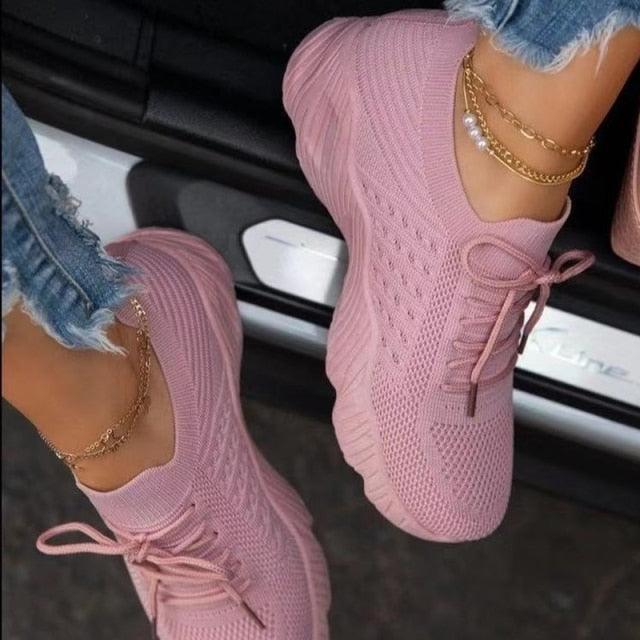 Zapatillas deportivas casuales de mujer nuevas, con cordones, para correr, de plataforma roja, zapatillas vulcanizadas de malla para correr, zapatillas ligeras de malla, zapatillas deportivas de moda para caminar para entrenar