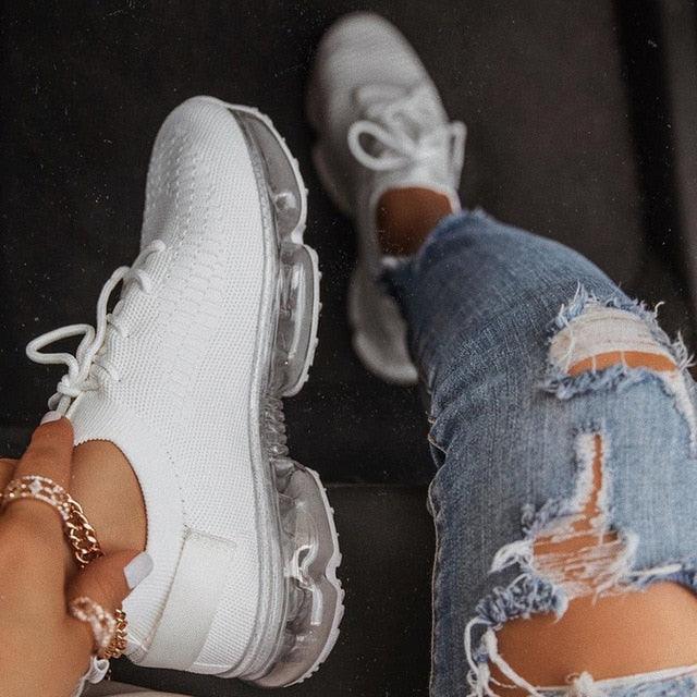 Zapatillas de deporte modernas para mujer con cordones, amortiguación, para correr, deportivas, para exteriores, zapatillas deportivas de primavera y verano, con amortiguación, planas, de entrenamiento, transpirables
